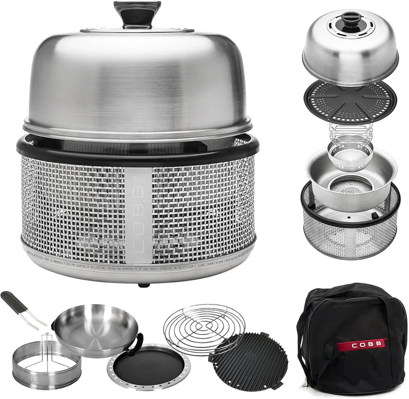 Stainless steel non-smoking portable tabletop charcoal grill with a frying pan, an outdoor barbecue grill with 10 functions, suitable for camping, boats and RVs, is the perfect combination for an outdoor kitchen (fully equipped) V2