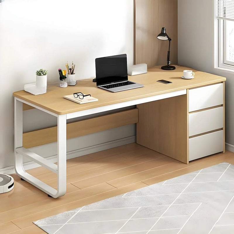 This stylish and modern office desk features an integrated cable management system, a wooden desktop, and a rectangular shape. It comes with three drawers and is ideal for both office and home use. Available in brown, it measures 63 inches in length, Z8