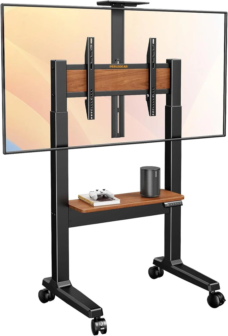 Motorized Mobile TV Stand on Wheels for 37–86 Inch TVs up to 154 lbs, Electric Height Adjustable Rolling TV Stand, VESA 200x200–600x400mm, Wooden Shelf & Panel, PGTVMC26B K9