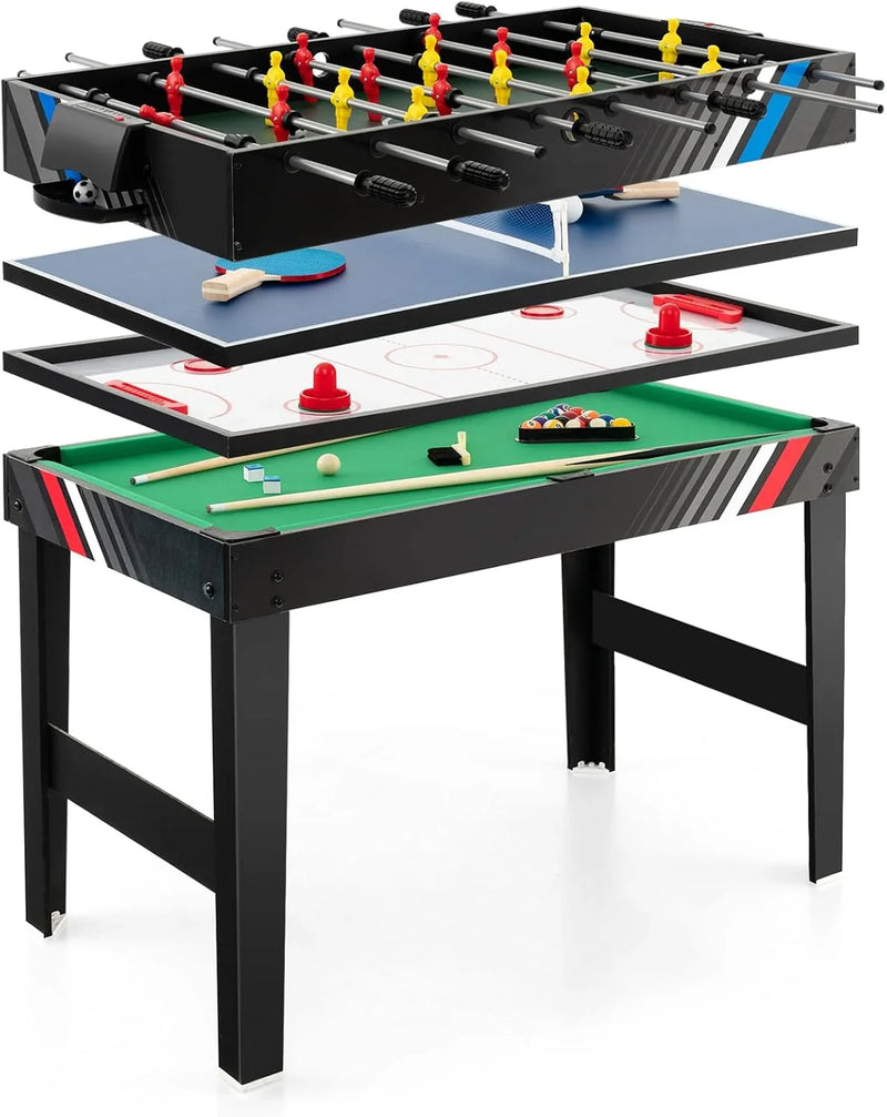 The multi-functional game table integrates a football table, a billiards table, an air curling table and a table tennis table. It is an ideal combination game table for a family game room. W0