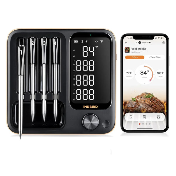 True wireless meat thermometer, equipped with 4 probes, Bluetooth meat thermometer, with backlit LCD display, Wi-Fi-enabled smart food thermometer, rechargeable, suitable for barbecue grills, charcoal grills, ovens, and rotating barbecue racks. J9