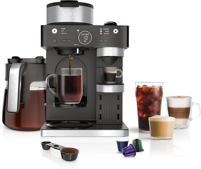 Italian espresso machine and coffee-making system, featuring three espresso brewing modes, supporting single-portion coffee and Nespresso capsules, with a built-in frother, capable of making Italian espresso, cappuccino and latte. Black style. K5
