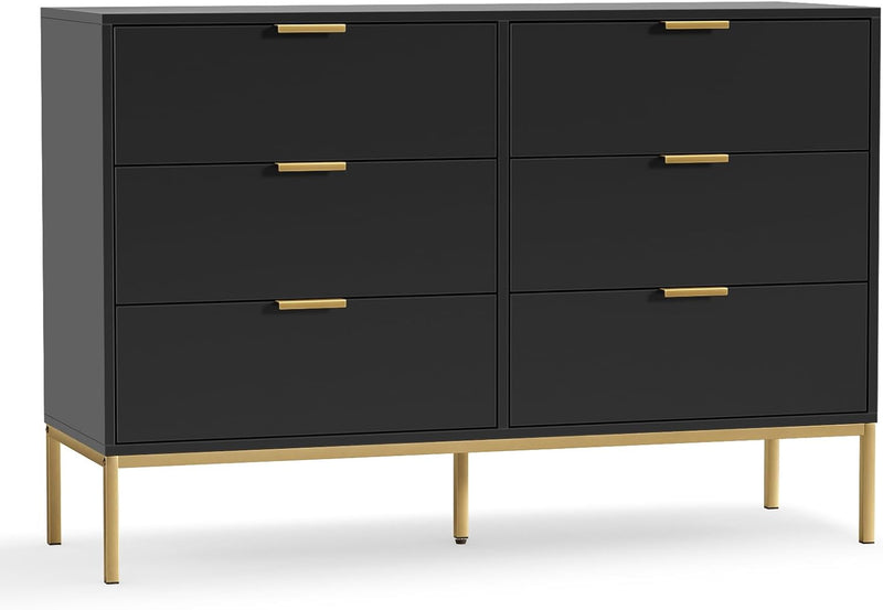 Black Dresser for Bedroom, Modern 6 Drawer Dresser, Chest of Drawers Closet Organizers and Wood Storage Clothes, White Dresser with Golden Handles for Living Room, Hallway E4