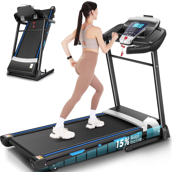 ANCHEER Folding Treadmill with 15% Auto Incline,3.25HP Ultra-silent Motor, Speed Range of 0.6~10MPH,300lb Capacity, APP Bluetooth... S8