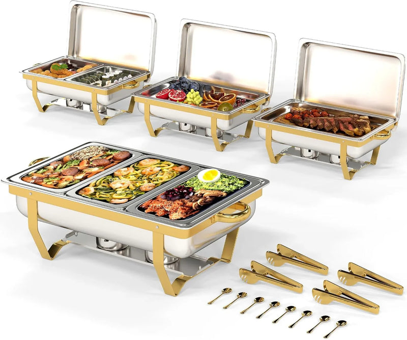 4 Pack Stainless Steel Chafing Dishes for Buffet, 9 QT Capacity 7 Pans Food Warmers for Parties, Weddings, Events Hosting, Family Gatherings, Full Set Catering Server with Serving Utensils Accessories L2