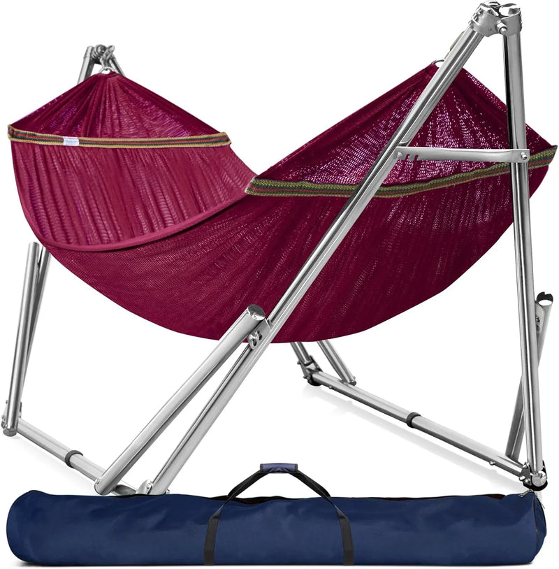 Double hammock with frame, with a load capacity of 650 pounds, double hammock with support rods, made of high-quality 201 stainless steel, assembled in 30 seconds, sturdy and flexible portable hammock frame, suitable for outdoor and indoor use, black V3