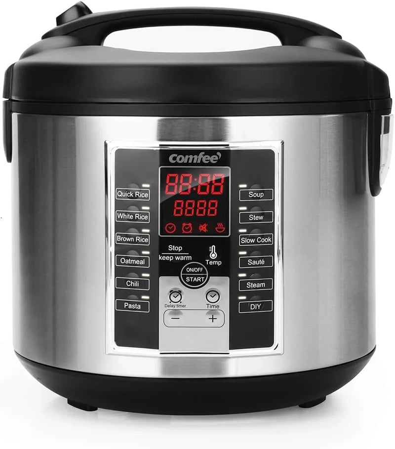 Compact electric rice cooker, 6-in-1 stainless steel multi-functional cooking utensil, slow cooker, steamer, frying pan, heater and warmer, 2-gallon capacity (8 cups cooked, 4 cups uncooked), suitable for brown rice, quinoa and oats, 6 one-button pro E7