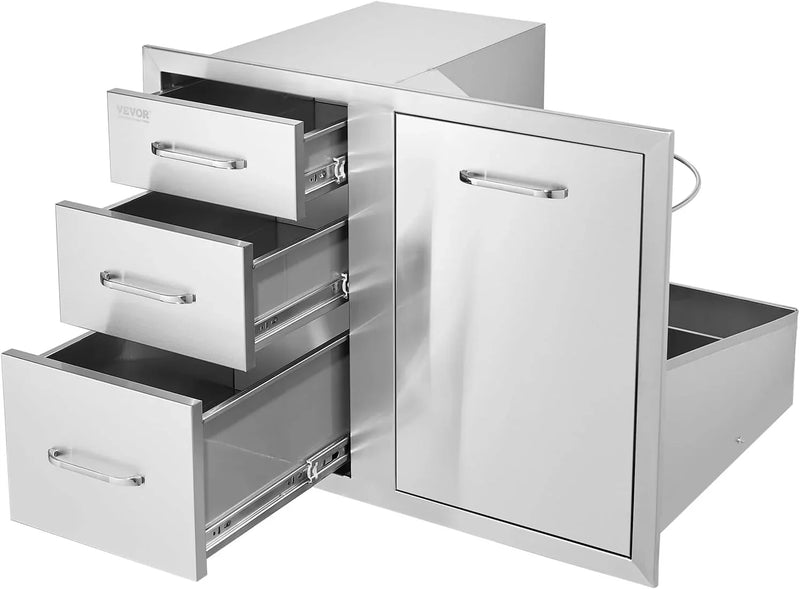 Pull Out Trash Drawer 13.4"W x 25.7"H x 19.6"D Lower Sliding Rails Stainless Steel Roll Out Trash Bin Pull Out Tray Outdoor Kitchen Trash Drawer with Handle for BBQ Island Grill Station N3
