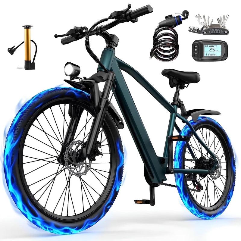 26 in Electric Bike for Adult,400W Motor,Top Speed 25MPH,40Miles Long Range,City Commuting E-bicycle With Front Fork Suspension, Dual Disc Brakes R8