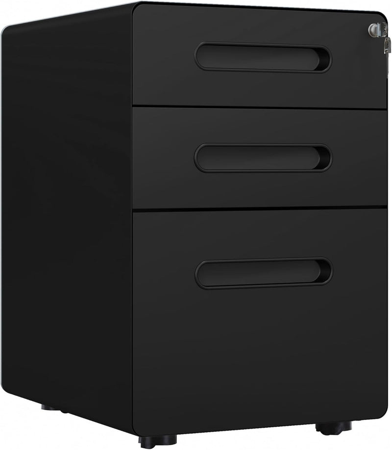 3 Drawer Vertical Filing Cabinet with Lock and Wheels, Under Desk Mobile File Cabinet for Legal, A4, Letter Size, Steel Frame for Home Office, Black G0