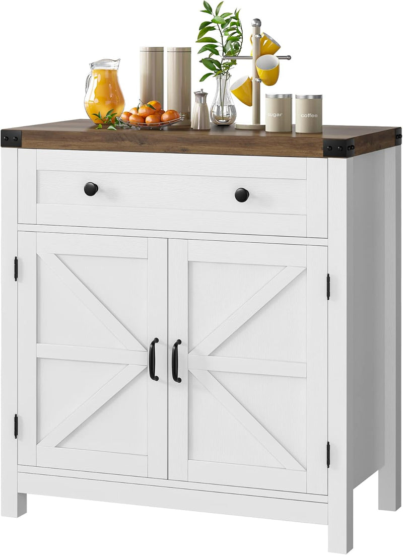 Coffee Bar Cabinet, Kitchen Storage Cabinet, Modern Farmhouse Buffet Sideboard with Drawer and Adjustable Shelf, Barn Door Accent Cabinets for Kitchen, Dining Room, Entryway, White I9
