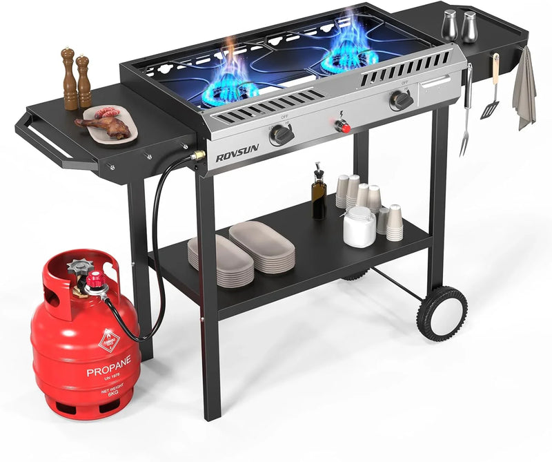 2 Burner Outdoor Propane Gas Stove with Griddle, Auto-ignition, Regulator & Side Shelves, 150,000 BTU Powerful Stand Cooker for Backyard Cooking Home Brewing Canning Frying Grilling N7