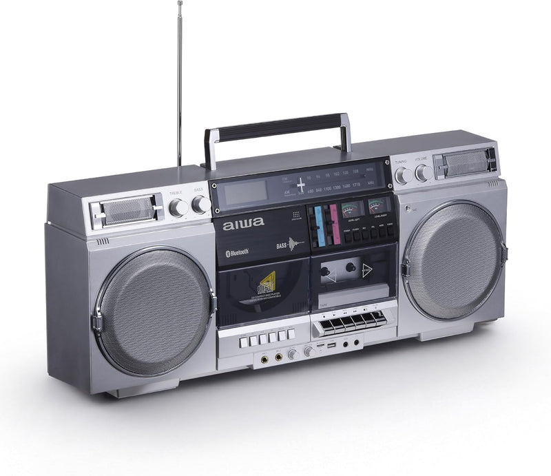 Retro-style portable CD player, featuring tape recording function, Bluetooth 5.0 technology, FM/AM radio, USB/SD/AUX input interfaces, VU meter, LCD display, dual 40-watt speakers - silver V9