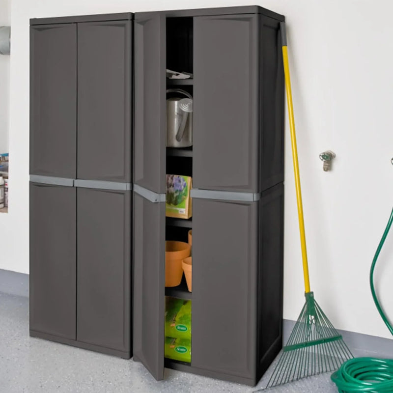 Storage Cabinet, Rugged Plastic Garage Organizer with Double Doors, 4 Adjustable Shelves, Gray K3