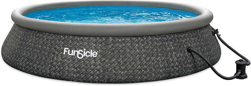 12 Foot by 36 Inch Quickset Round Inflatable Ring Top Outdoor Above Ground Swimming Pool Set with Pump and Cartridge Filter, Dark Herringbone W6