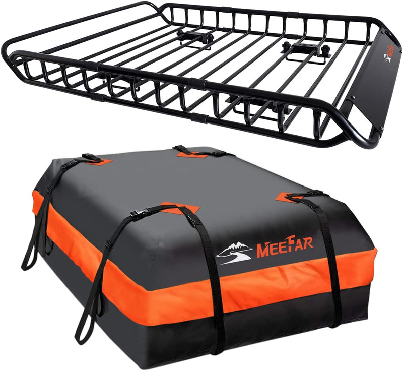 Roof Rack Carrier Basket Universal Rooftop 51" X 36" X 5" Waterproof Bag 15 Cubic Feet (44" 34" 17"), and Cargo Net with Attachment Hooks, Ratchet Straps K2