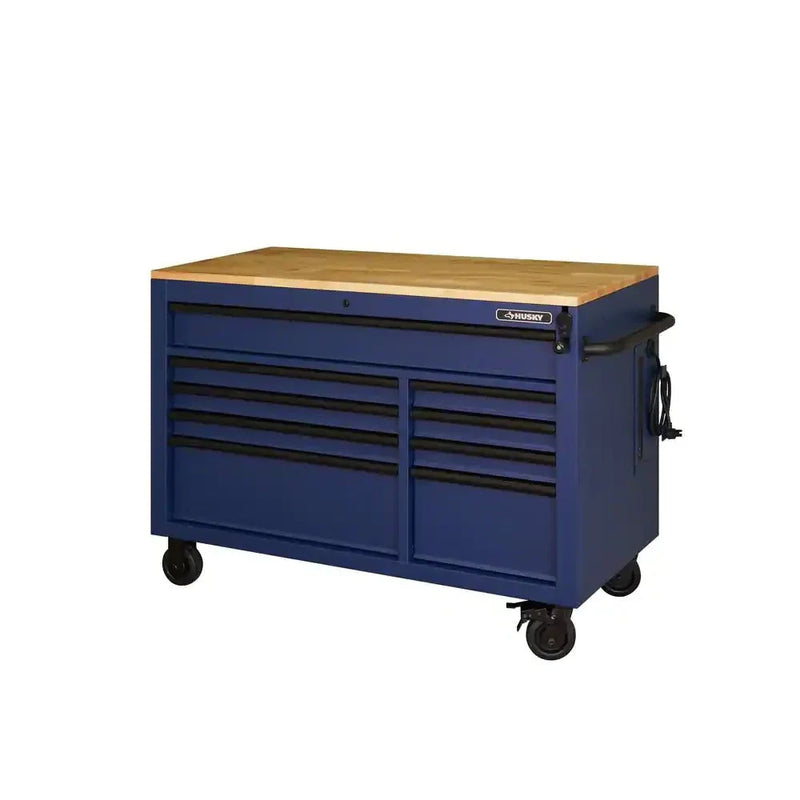 Heavy-Duty 52 in. 9-Drawer Mobile Workbench with Adjustable-Height Solid Wood Top in Matte Blue W5