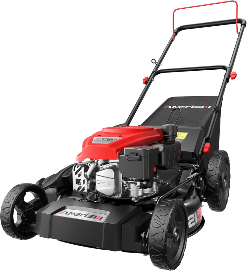 21" Steel Deck Gas Lawn Mower, 3-in-1 Push Mower, 144cc 4-Stroke OHV Engine, 6 Height Adjustment, 1.4 Bushel Grass Catcher with Bagging, Mulching & Side Discharge Efficient for Yard Garden O7