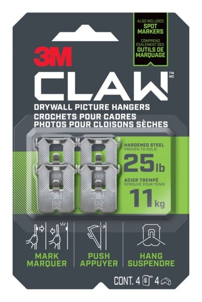 3M Claw DrywAll Picture Hanger, 25-lb Capacity, 4 Hangers per Pack Z6