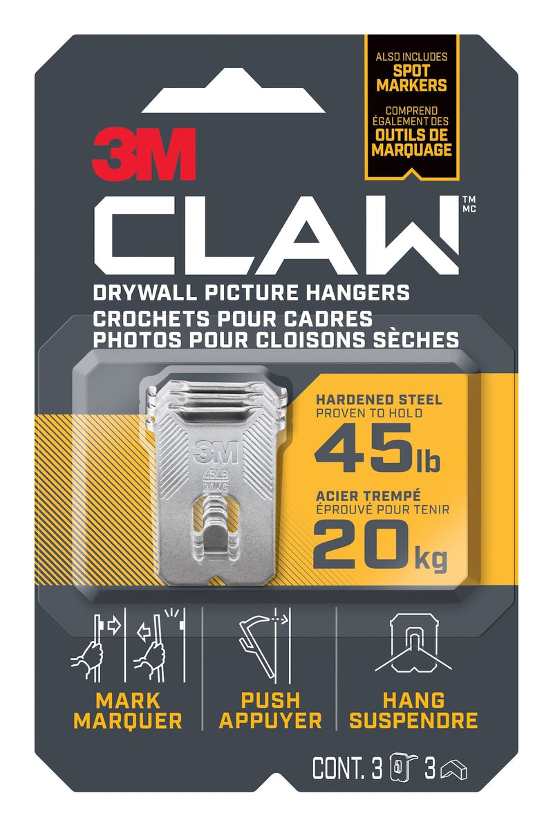 3M Claw DrywAll Picture Hanger, 45-lb Capacity, 3 Hangers per Pack H1