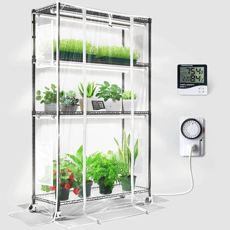 Barrina Mini Greenhouse with LED Grow Light for Indoor Plant, 4-Tier Portable Metal Plant Stand with Wheels, Plant Shelf with Tent, 6Pcs Plant Light with Timer and Thermo-Hygrometer, 35.4x13.8x59IN S1