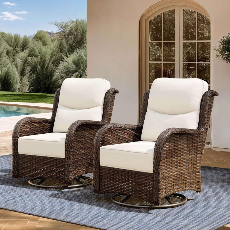 Outdoor Swivel Rocker Patio Chairs with 6-Inch Thick Cushions and Side Table, 3PCS High Back Wicker Patio Furniture Set for Porch, Balcony, Deck and Yard in Blue J9