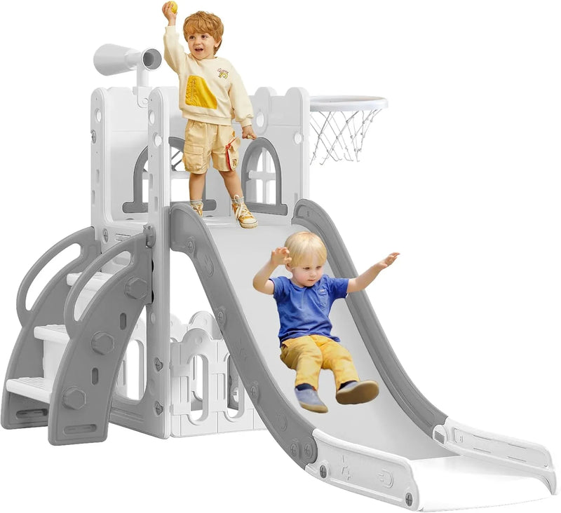 6 in 1 Toddler Slide for Toddler Age 1-3,Kids Climber Slider for Indoor Outdoor Playground with Basketball Hoop,Storage and Telescope,L Shaped Slide for Toddler Climber Playset B5