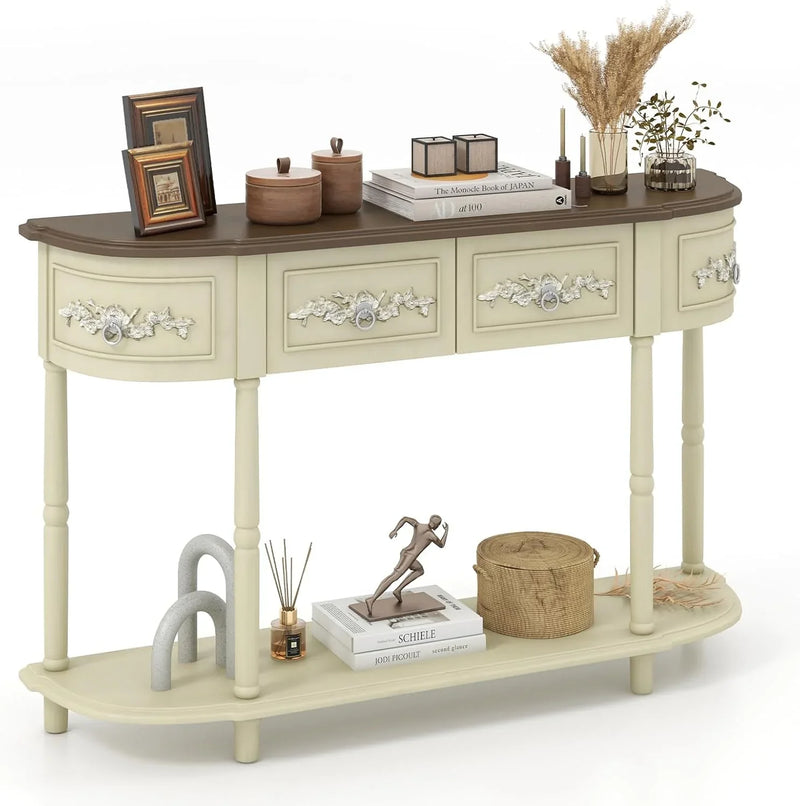 Retro game console table with drawer, 52-inch narrow sofa table with open shelves, table with storage function at the half-moon entrance, solid wood legs, entrance table for retro living room corridor, beige color scheme A0