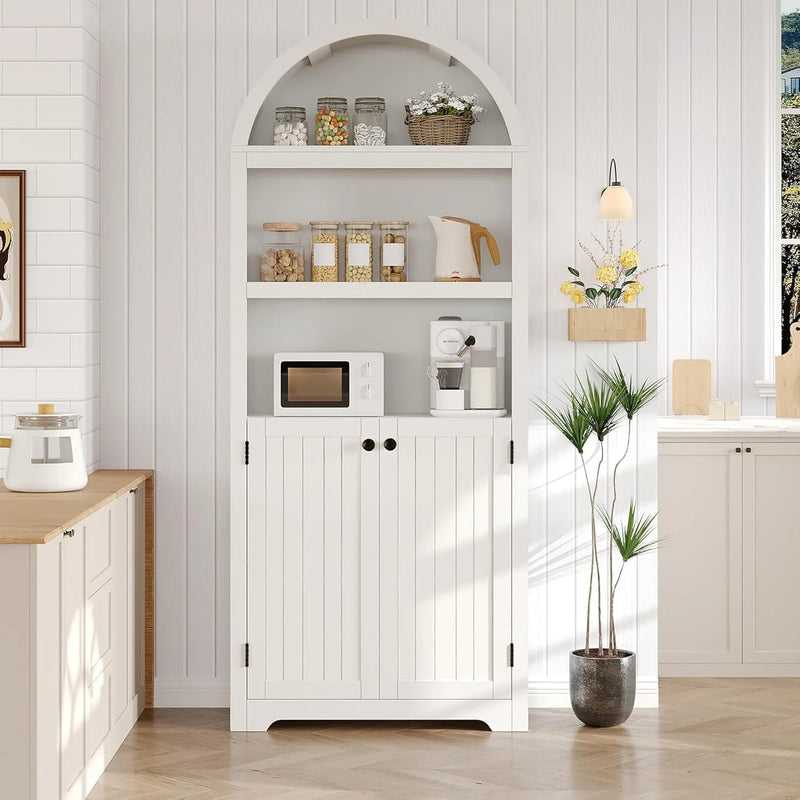 72'' Tall Farmhouse Bookcase, 5 Tier Arched Bookshelf with Double Doors & Adjustable Shelf, Display Storage Shelves, for Bedroom, Living Room, Home Office G9