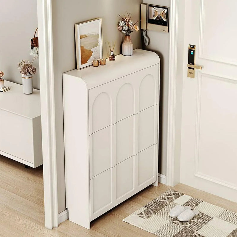 Narrow white artificial wooden shoe cabinet with door, modern entrance shoe rack, standalone hidden shoe cabinet L8
