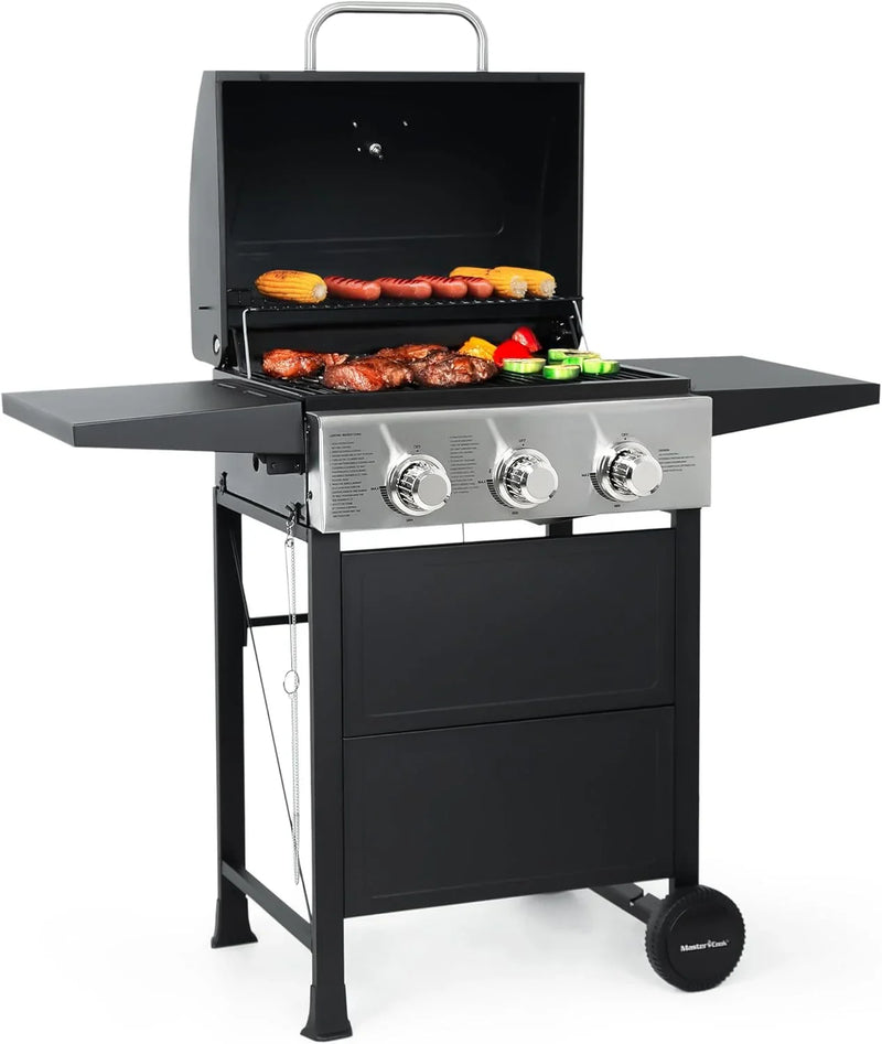 Burner BBQ Propane Gas Grill, Stainless Steel 30,000 BTU Patio Garden Barbecue Grill with Two Foldable Shelves J5