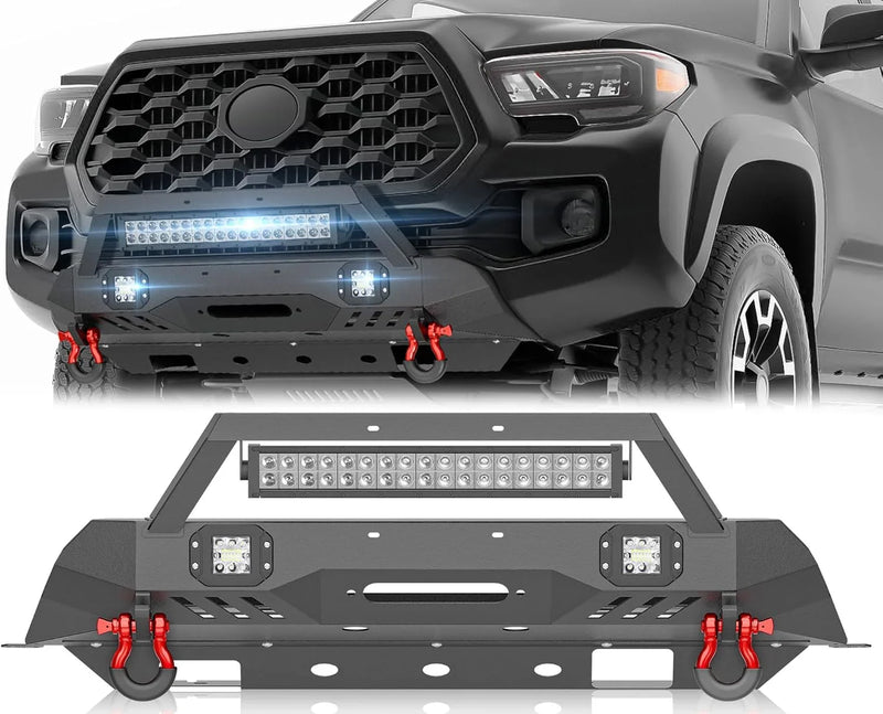 for Tacoma 3rd Gen Stubby Front Bumper Compatible with 2016 2017 2018 2019 2020 2021 2022 2023 Toyota Tacoma with Skid Plate, Winch Plate, License Plate Frame, LED Lights & D-rings, Black Q1