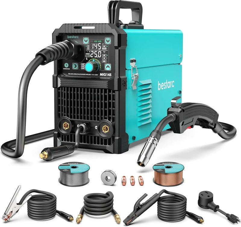 145A MIG Welder, 110V/220V Dual Voltage Gas/Gasless Flux Core MIG Welder/Lift TIG/Stick 3 in 1 Synergic MIG145 9GEN Welding Machine, Flux/Solid Welder Digital Screen Display R8