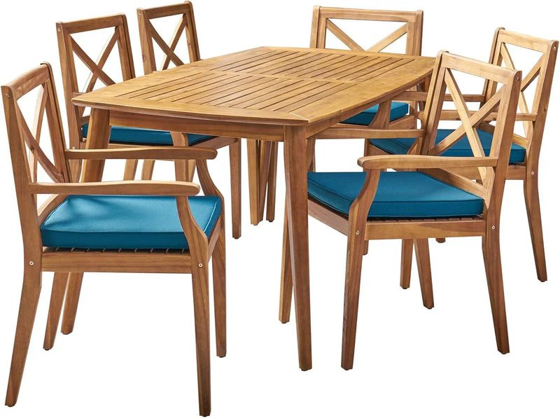 7-piece cherry wood dining set, teak surface / blue S5