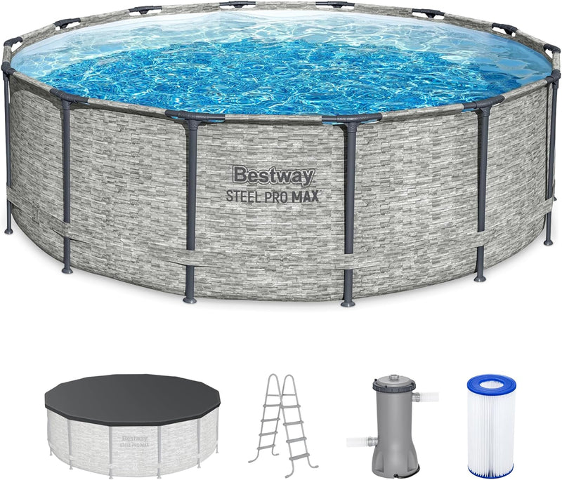 Above Ground Swimming Pool w/ Pump, Cover, & Ladder, 14' x 48", Steel Pro MAX, Gray - Backyard Outdoor Round Pool w/ Filter, 42-Inch Deep Water V1