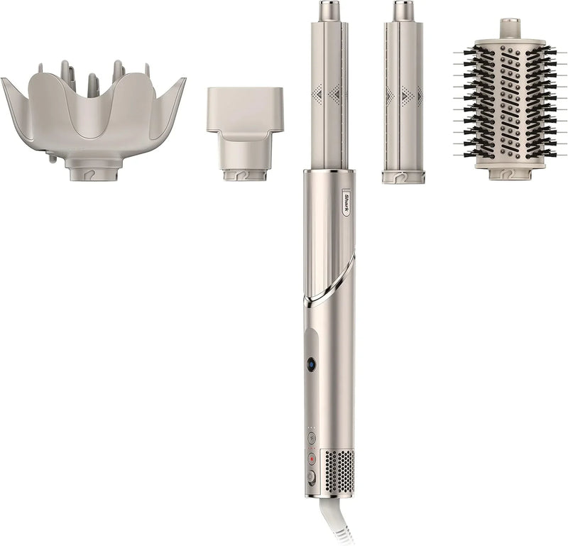 Powerful hair dryer and multi-functional styling tool, featuring automatic hair curler, paddle brush, oval brush, concentrator accessory and stones. J2