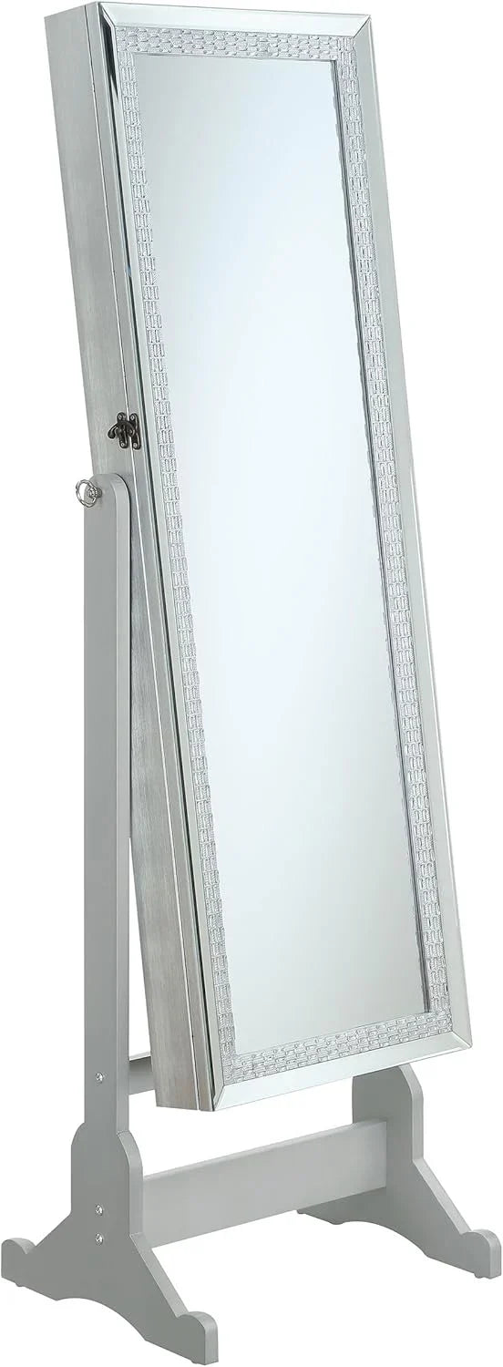 Mounted-style mirror cabinet, featuring jewelry storage function, with a design allowing the entire length to be tilted, rectangular shape - bedroom - silver color E0