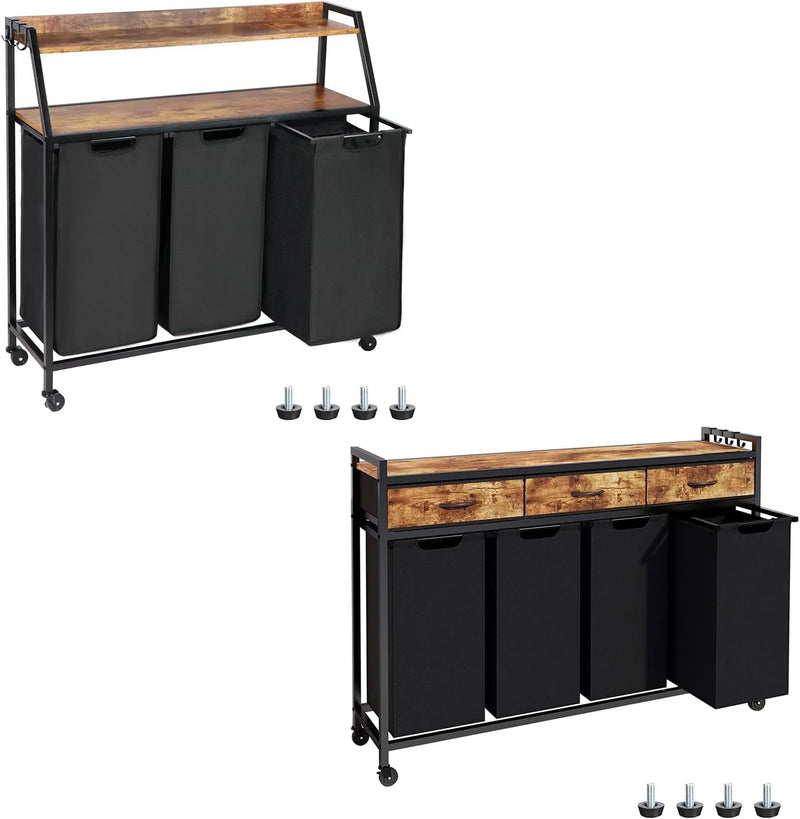 Two Laundry Hamper, Rolling Laundry Sorter with Wheels, 4 × 14.5 Gal (55 L), Pull-Out and Removable Laundry Bags, for Laundry Room, Rustic Brown F5