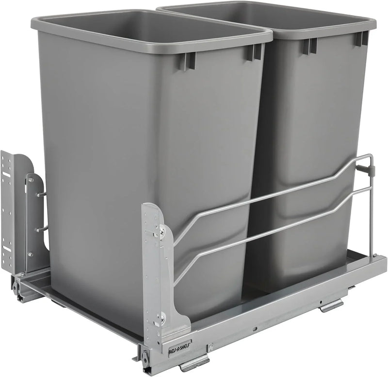 A double pull-out trash can suitable for the bottom of kitchen cabinets, with a capacity of 35 ounces (approximately 0.875 gallons), equipped with a gentle closing sliding mechanism, and in the color of Orison Gray. W1