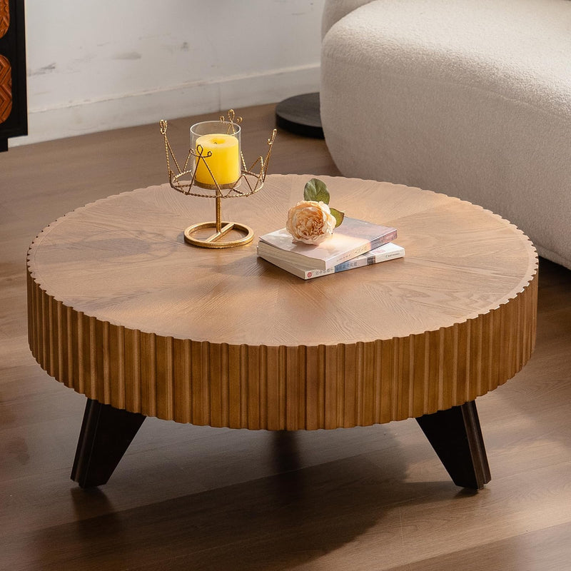 35" Contemporary Round Coffee Table, Coffee Tables Blending Traditional Decor, Solid Wood Center Table for Living Room, Natural O5
