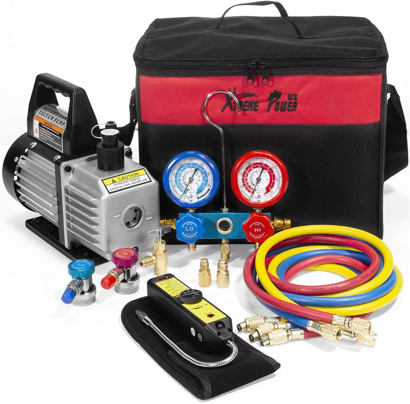 Premium 4CFM Air Vacuum Pump HVAC A/C Refrigeration Kit AC Manifold Gauge Case Set R134a Tap w/Leak Detector and Carrying Tote Bag U3