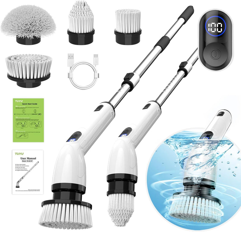 Electric Spin Scrubber, Full-Body IPX7 Waterproof Bathroom Scrubber with Power LCD Display, Adjustable Extension Handle, Cordless Shower Cleaner Brush for Bathtub Kitchen Wall Cleaning F6