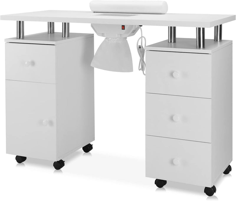 Manicure Table Nail Desk for Nail Tech w/Electric Dust Collector & Wrist Rest, Acetone Resistant Top Beauty Salon Nail Supplies Decor Station w/Lockable Wheels, Cabinet, Drawer (White) X8