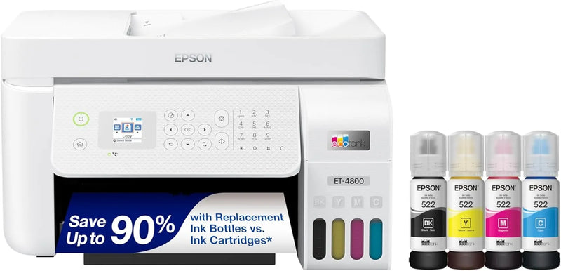 Epson EcoTank ET-4800 Wireless All-in-One Inkjet Printer, Scanner, Copier, Fax, ADF, Ethernet, White J2