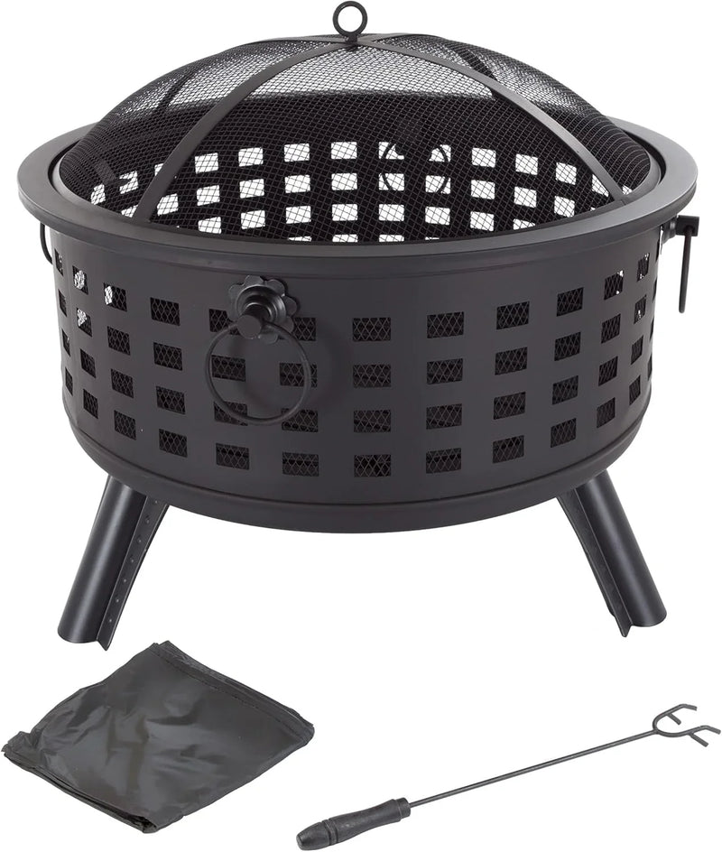 Outdoor Fire Pit - 26-Inch Round Lattice Wood Burning Firepit with Screen, Poker, Grate and Cover - Wood Fire Pits & Outdoor Fireplaces by Pure Garden F8