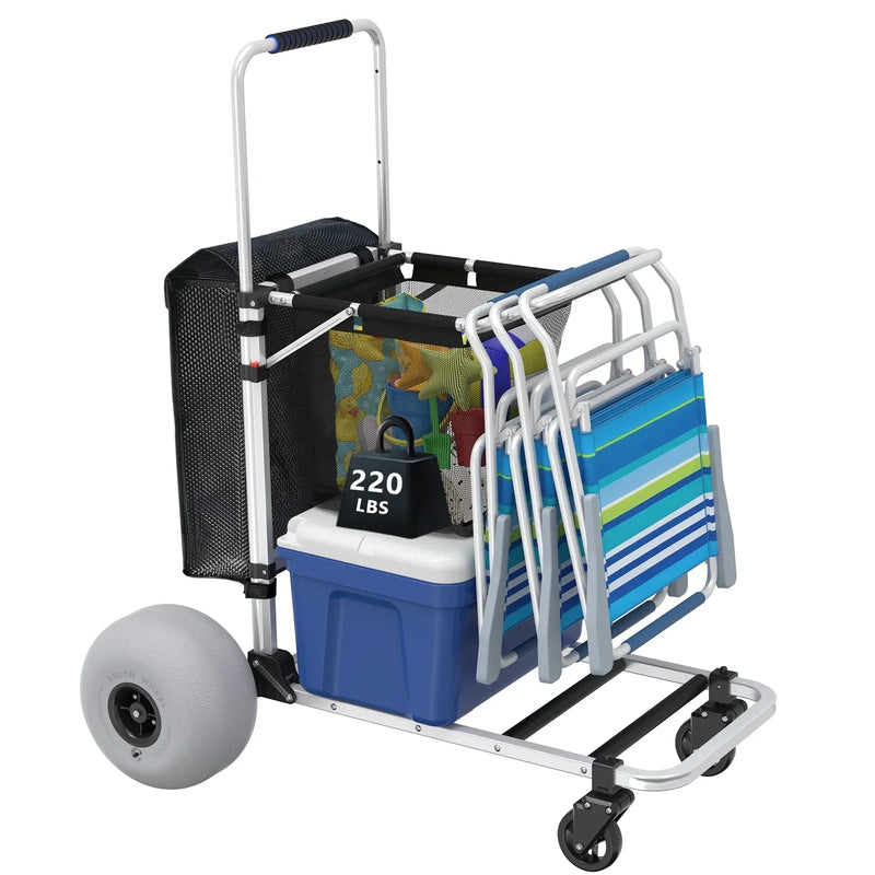 Foldable Beach Cart with Adjustable Handle and 12" Balloon Wheels, Heavy Duty Aluminum 220LBS Capacity T1