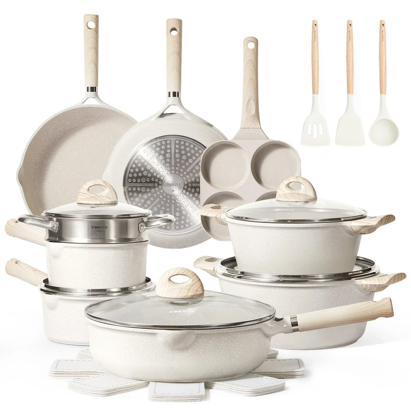 Carote Non Stick Pots and Pans Set, 21 Pcs Induction Kitchen Cookware Sets (Beige Granite) G3