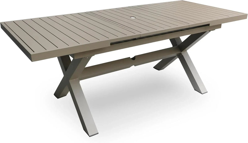 Extendable Patio Dining Table for 6-8, 63''-83'' Outdoor Aluminum Table w/Umbrella Hole, Rectangle Slatted Tabletop, Metal X-Trestle for Meals Garden Deck Backyard Gathering Party - Light Brown P4