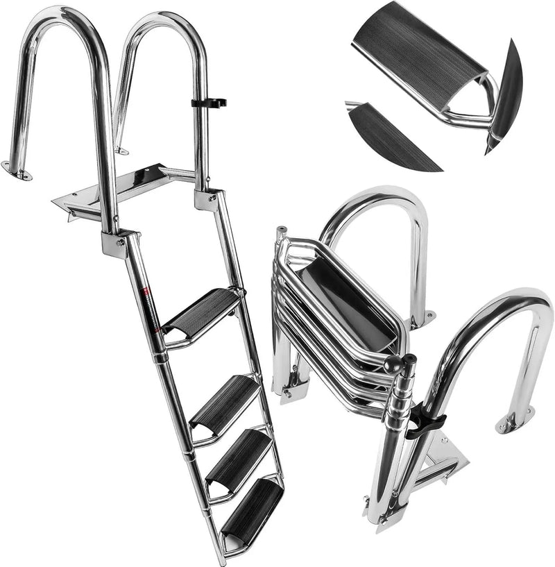 4 Steps Telescoping Boat Ladder Reinforce Dock Ladder Heavy Duty Swim Deck Ladder with Hand Railings and Extra Wide Steps N2