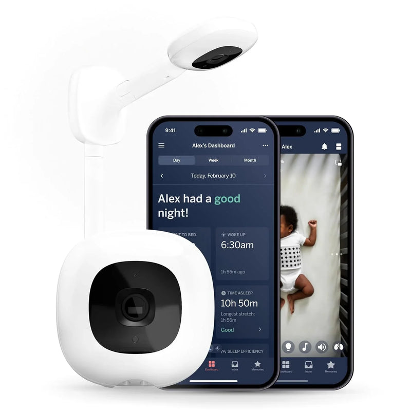 Smart baby monitor and wall-mounted device - 1080p security Wi-Fi video camera, sensor-free sleep and breathing motion tracker, two-way audio, sound and motion alerts, night vision function, breathing band - white F9